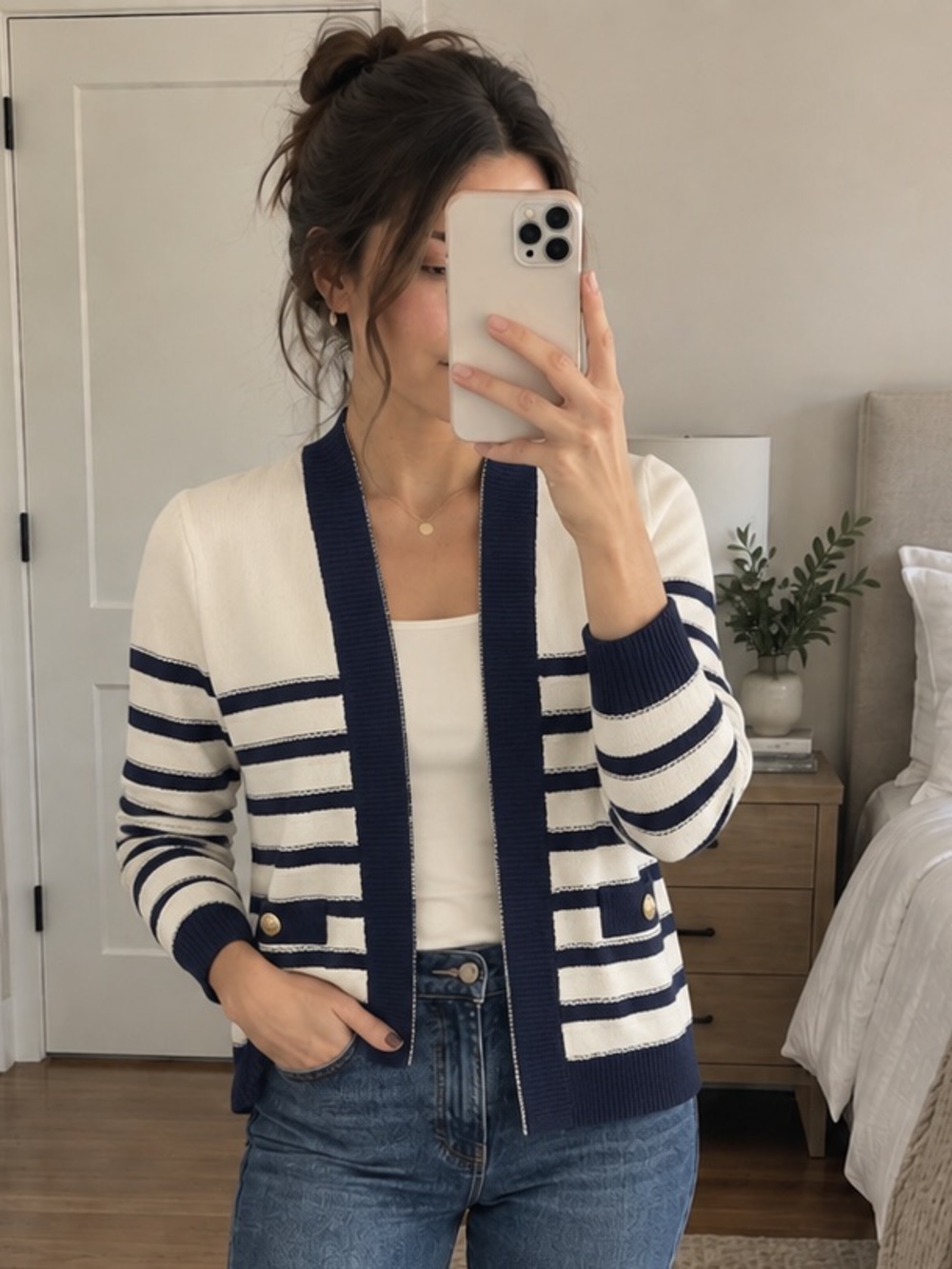 J.Crew Factory Navy Ivory Striped Open Cardigan Sweater Gold Button Detail XS